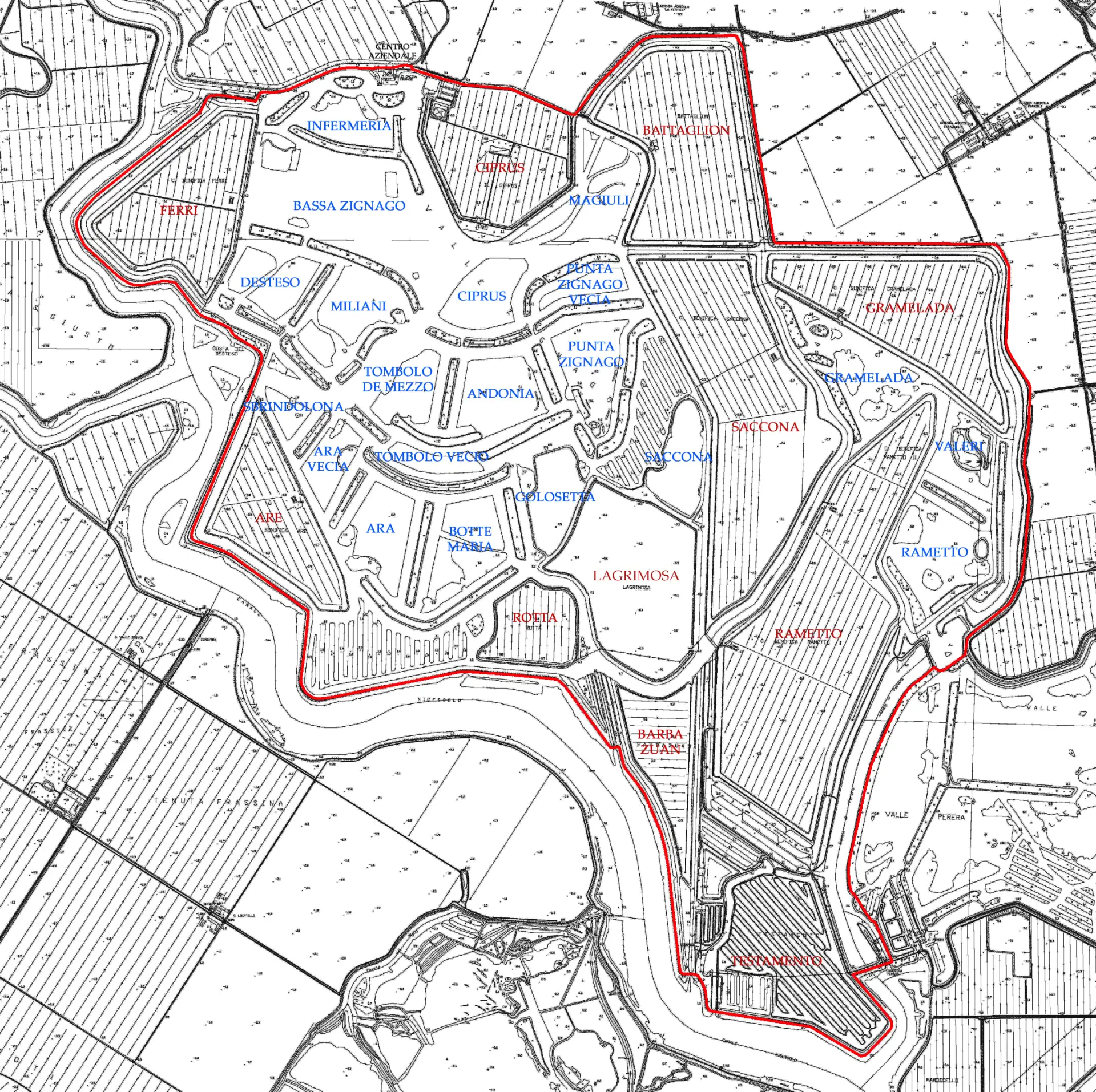 Carta Tecnica Regionale. Particolare di Valle Zignago: perimetro (linea rossa), toponimi (rosso), idronimi (blu).