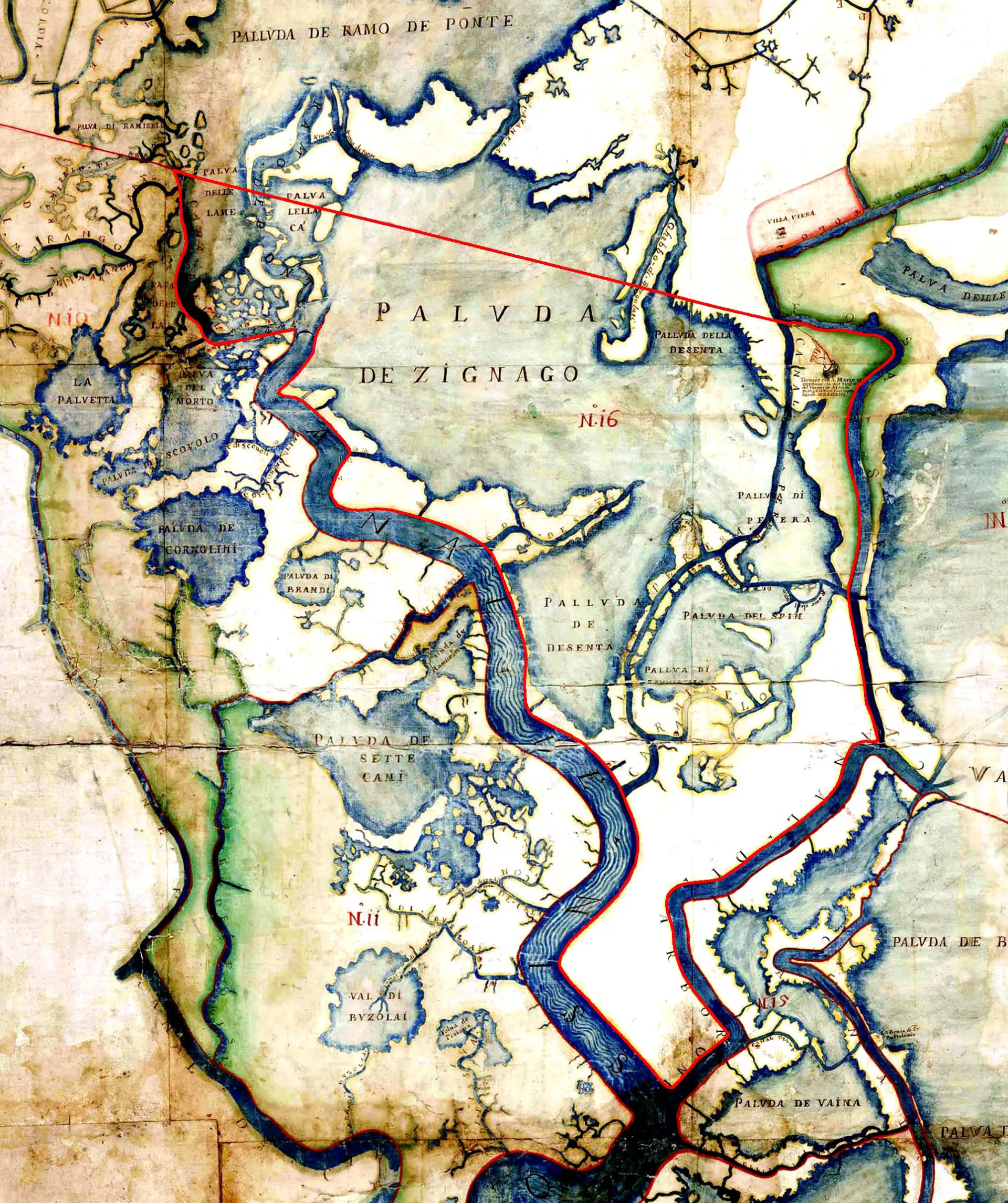 Mappa del 21 agosto 1691 di Paolo Rossi, Angelo Minorelli e Giò Andrea Cornello [Archivio di Stato di Venezia. Savi ed Esecutori alle Acque. Laguna, dis. 12]